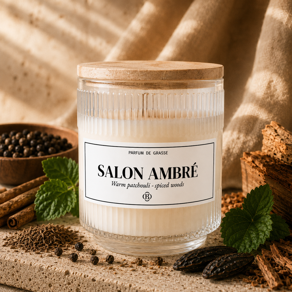 Bougie parfumée Salon Ambré- Chic Bottle -Piramide olfative